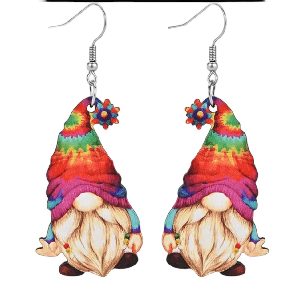 Colorful Winter Gnome Wooden Drop Earrings